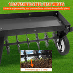 Tow Behind Aerator 40 Inch with Steel Teeth and Transport Wheels, Adjustable Handle Pull Behind Plug Aerator with Tray for Farm Lawn Garden, Durable Lawn Aeration Tool