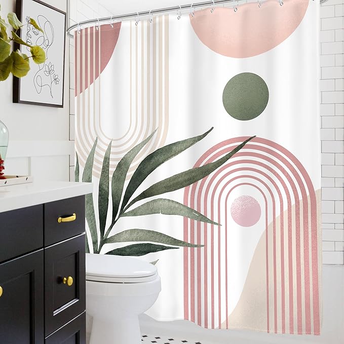 Glawry Pink Green Boho Shower Curtain Abstract Mid Century Tropical Leaves Modern Geometric Minimalist Arch Sun Bathroom Aesthetic 60Wx72L Inches Bath Accessories Art Home Decor Fabric 12 Pack Hooks