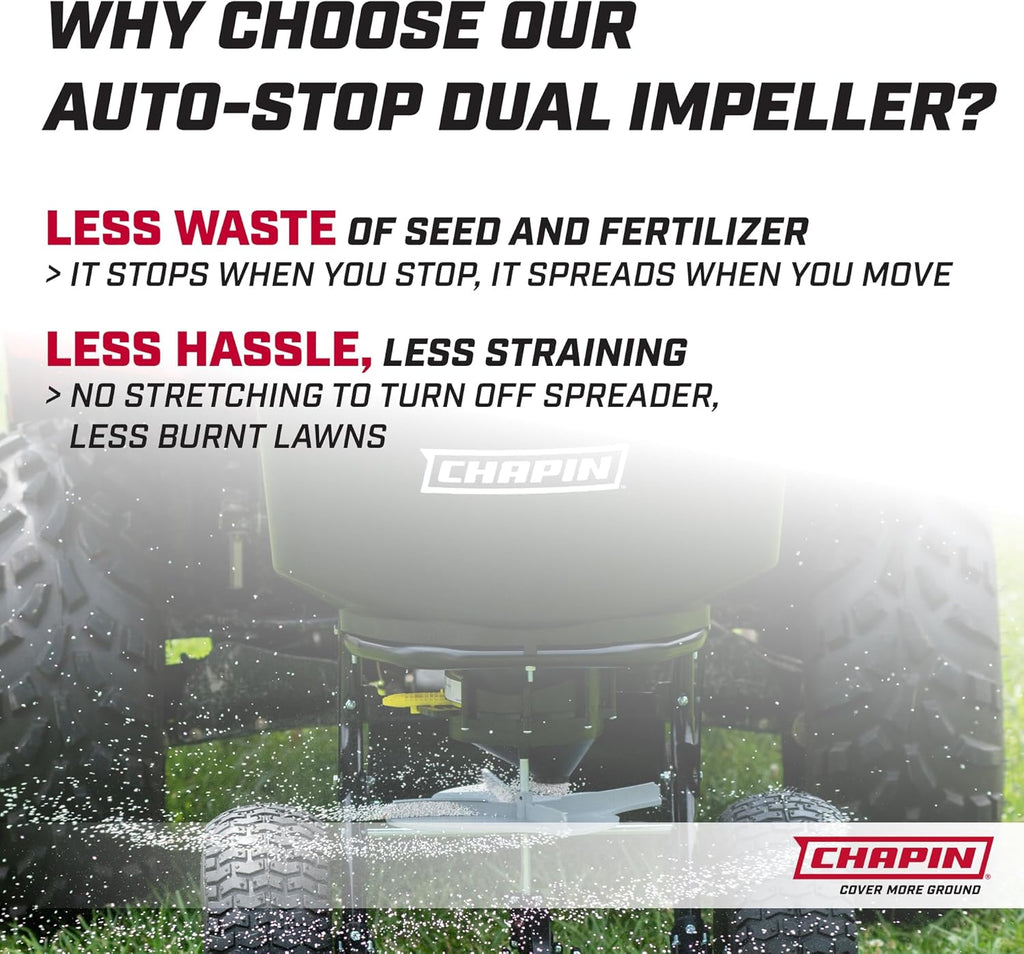 Chapin 8622B Made in The USA 2.2 Cubic Feet Tow and Pull Behind Spreader with Auto-Stop Dual Impeller That Stops When Not Moving, Designed for Farm and Tough Terrain, Hitch Pins, Black