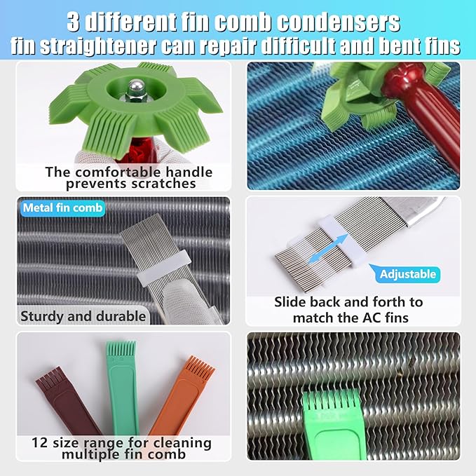 6 Pcs Air Conditioner Fin Comb Cleaner Set, Ac Fin Comb Straightener Tool, Radiator Comb for a/c Unit,Ac Coil Cleaner Brush for HVAC Condenser Evaporator Repair Clean Tool