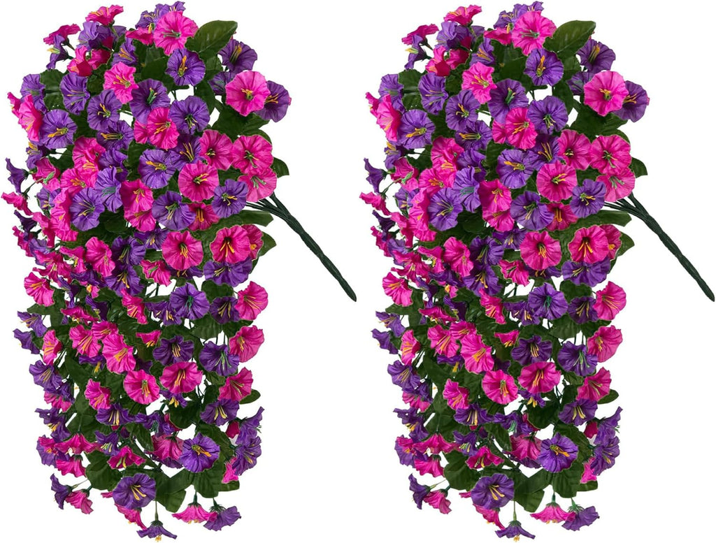 HyeFlora Artificial Fake Hanging Flowers Plants for Outdoor Outside, 2PCS Faux Silk Morning Glory Trailing Vines UV Resistant Look Real for Home Planter Porch Patio (Dark Purple and Fuchsia)