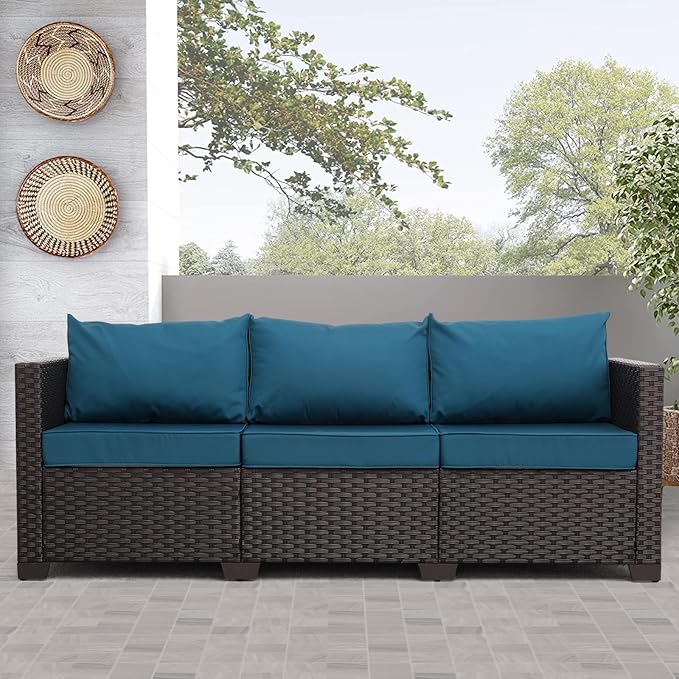 Outdoor Furniture Wicker Outdoor Couch Patio Furniture 3-seat Sofa Deep Seat Hight Backrest Non-Slip Cushions, Peacock Blue