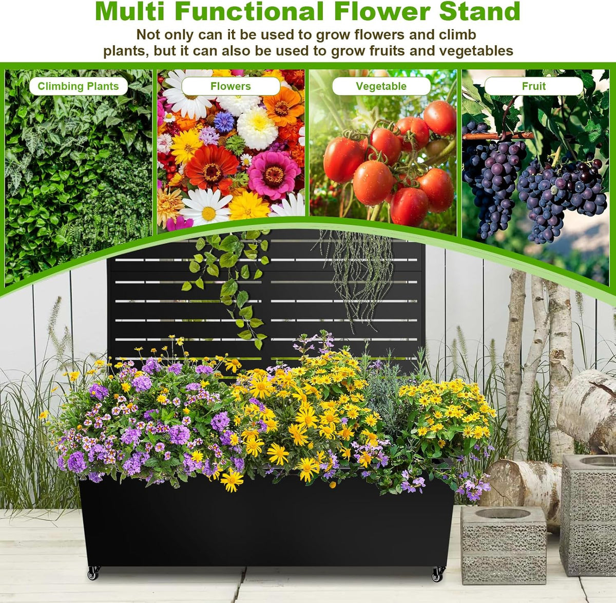 Metal Planter Box with Trellis, 72"x47"x16" Metal Raised Garden Bed with Trellis, Trellis Planter Box with Drainage Holes & Lockable Casters for Climbing Plants, Vegetables, and Vines