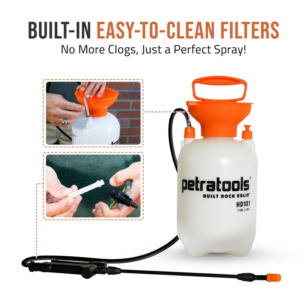 PetraTools HD101 Garden Pump Sprayer, 52-in Long Hose & 2 Nozzles, 1 Gallon