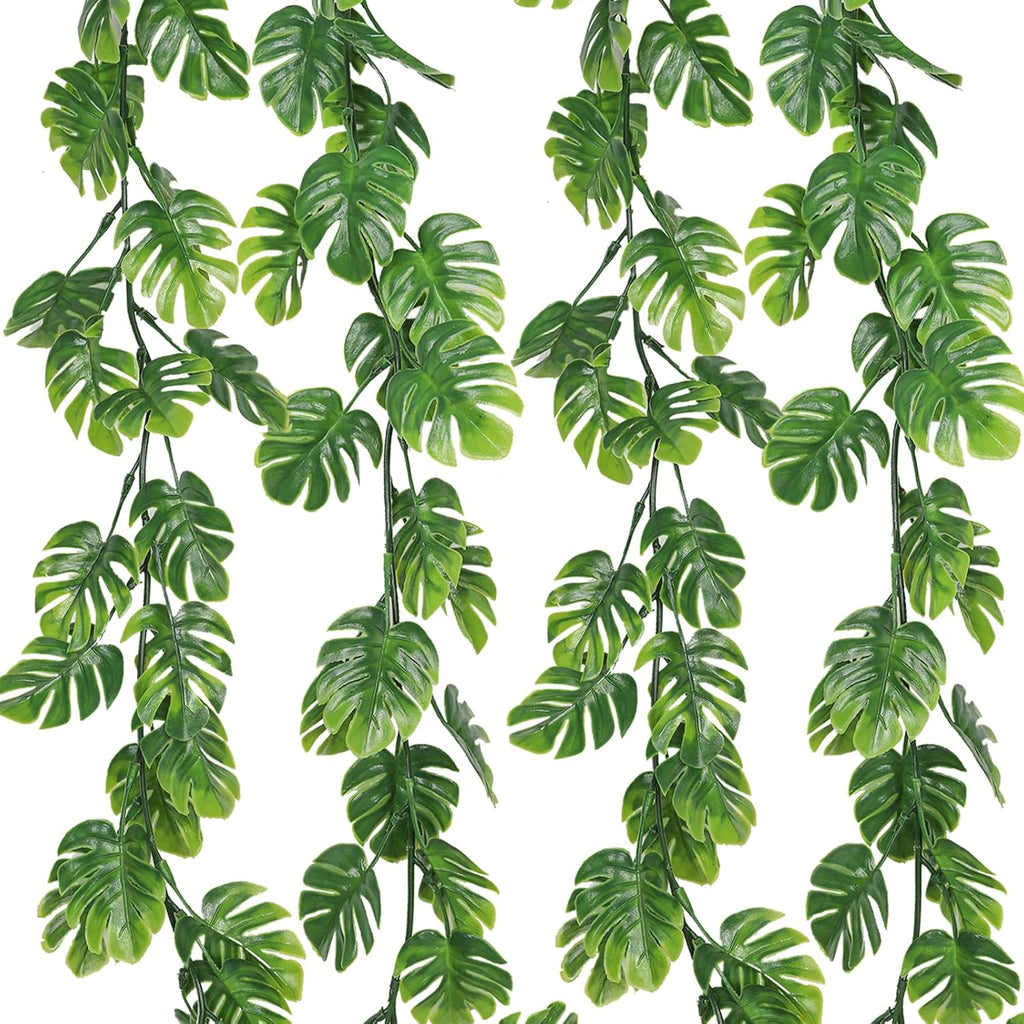 RECUTMS 4Pcs Artificial Monstera Leaves Vines, 5.9FT Fake Hanging Plant Ivy Faux Tropical Palm Leaf Greenery Garland for Garden Porch Patio Jungle Luau Beach Birthday Party Indoor Outdoor Spring Décor