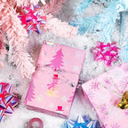 LeZakaa Christmas Pink Wrapping Paper Jumbo Roll, Snowman Christmas Tree & Snowflake Metallic Foil, Rose Gold Foil Reversible Design for Festive Winter Holiday, Family Gathering, 30 inches x 100 Feet