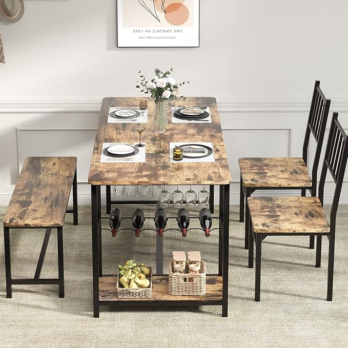 Dining Table Set for 4, Kitchen Table and 2 Chairs for 4 With Bench, Dining Table Set With Built in Wine Rack&Wine Glasses Holder, Storage Shelves for Small Space, Apartment, Kitchen, Rustic Brown