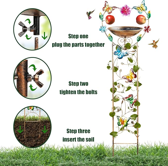 44" Height Bird Bath with Trellis for Climbing Plants Outside,Metal Antique Butterfly Heart Garden Plant Trellis with Detachable Bird Bath Bowl & Fruits Plants Support,Garden Patio Decor