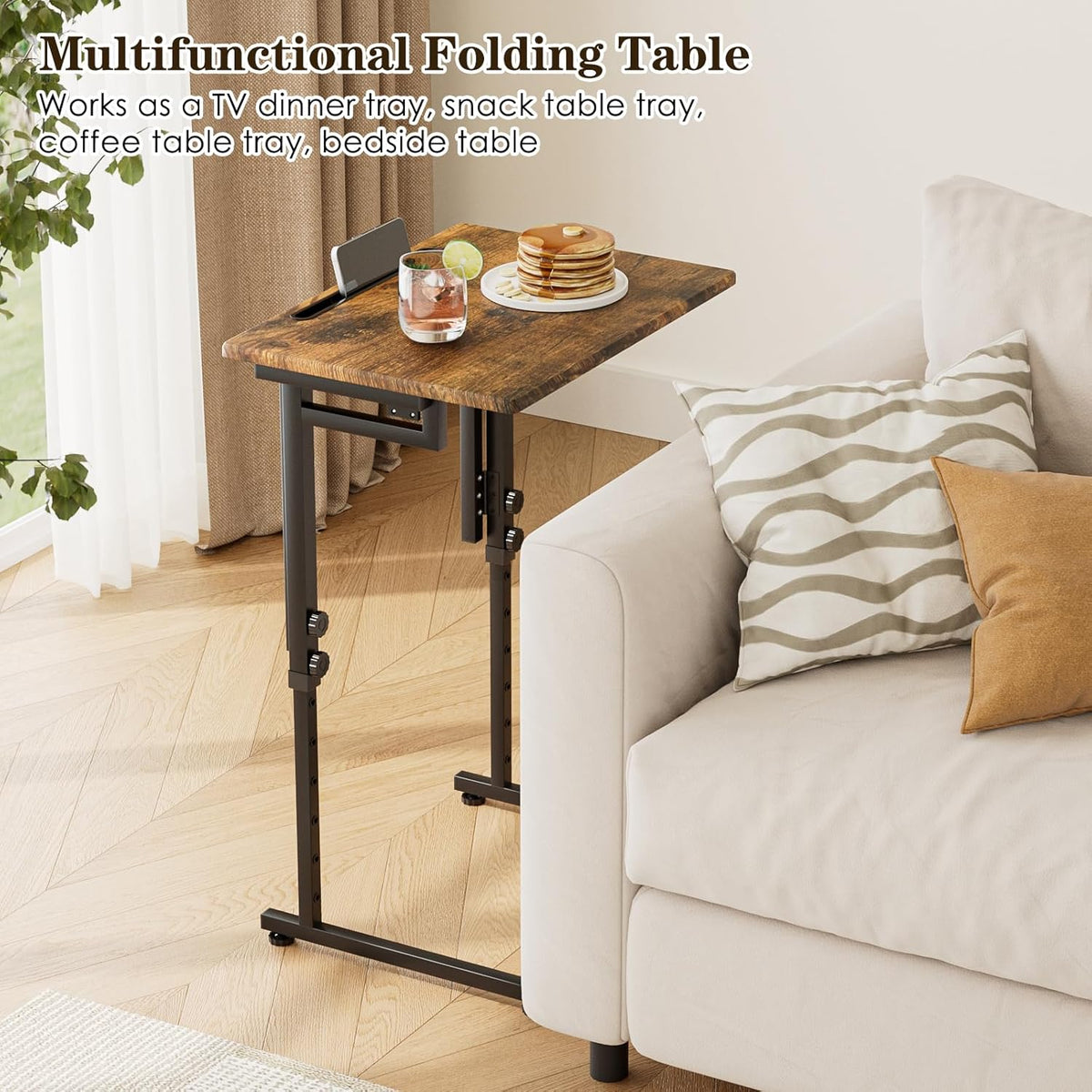 Adjustable Folding TV Tray Table,TV Dinner Small Foldable C-Shaped End Table for Eating,6 Height Adjustable Slide Under Couch Side with Sturdy MDF Top,No Assembly(Brown,2Pcs)
