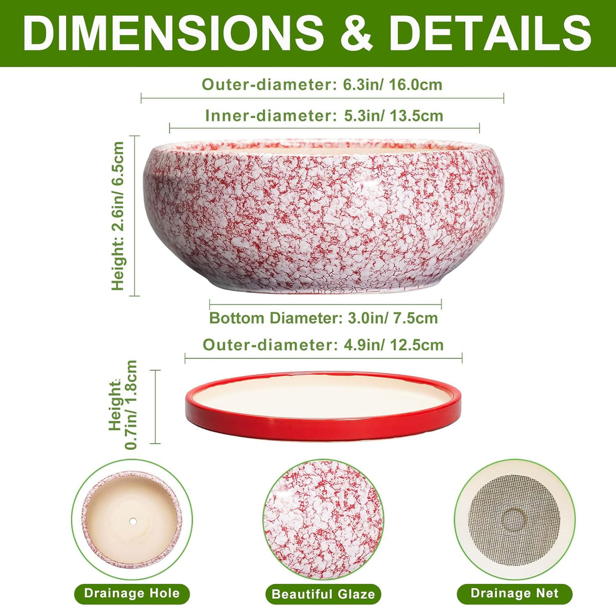 Bonsai Pots Small - 6 Inch Ceramic Succulent Pots with Drainage Hole and Ceramic Saucer, Succulent Planters Indoor Outdoor, Shallow Round Planter, Apartment Decor, Housewarming Gifts, Red