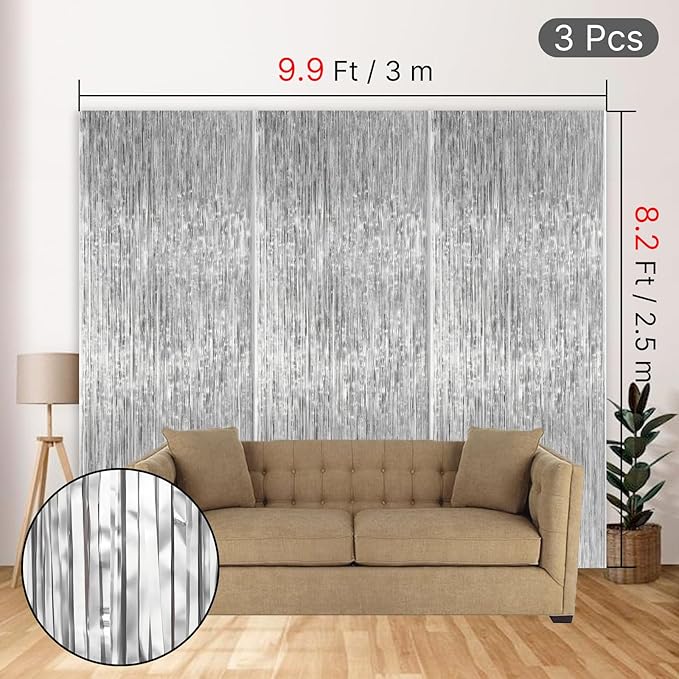 ParyWoo Silver Streamers 3pcs Tinsel Backdrop 8.2FT Metallic Tinsel Foil Fringe Streamer Curtains Party Photo Booth Backdrop for Graduation Baby Shower Bachelorette Wedding Disco Party Decorations