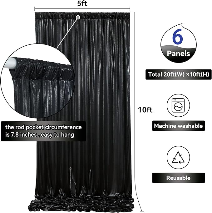 30ftx10ft Black Sequin Backdrop Curtain for Parties, Wrinkle Free Glitter Photo Backdrop Drapes 6 Panels 5x10FT Back Drop Cloth Shimmer Fabric for Wedding Birthday Photography Background