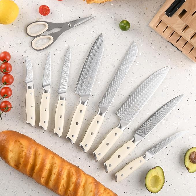 NANFANG BROTHERS Knife Set, 19-Piece Damascus Kitchen Knife Set with Block, ABS Ergonomic Handle for Chef Knife Set, Knife Sharpener and Kitchen Shears, Knife Block Set