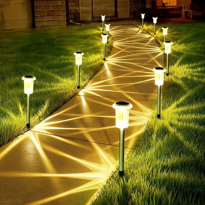 Solar Lights Outdoor 10 Pack Solar Pathway Lights Outdoor LED Waterproof Stainless Steel Driveway Lighting for Outdise, Yard, Walkway, Sidewalk, Garden, Lawn (Warm White)