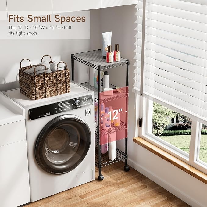 4 Tier Adjustable Storage Shelves Heavy Duty Metal Utility Shelf Wire Shelving Unit Organizer Rack for Home Kitchen Office Bathroom Pantry Room 12" D x 18" W x 44.5" H