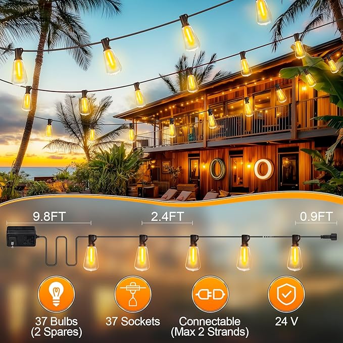Outdoor String LED Patio Lights - 100Ft 30M Outside Waterproof Light with Remote Dimmable ST38 Shatterproof Bulb Connectable Hanging Outdoor Electric Lighting for Backyard Yard Gazebo Porch Party