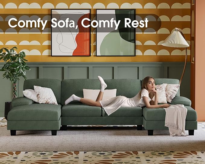 Furmax Sectional Couches for Living Room, U-Shaped Sofa Couch with Linen Fabric, 4 Seat Sofa Set with Double Chaise for Apartment (Corduroy, Dark Green)