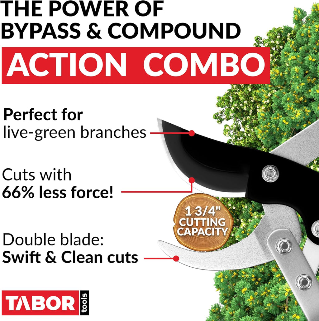 TABOR TOOLS GG11A Bypass Lopper with Compound Action, 30 Inch Tree Trimmer, Branch Cutter with ⌀ 1 3/4 Inch Cutting Capacity, Delivers Clean Cuts with Ease.