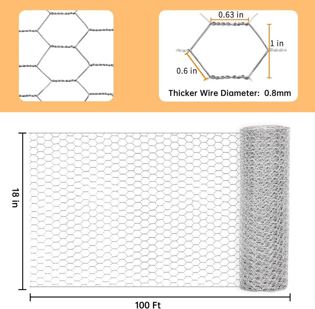 Sliver Chicken Wire 18 inch(H) x 100 ft(L), Anti-Rust Hexagonal Galvanized Metal Garden Netting for Floral Arrangements, Powder Coated Chicken Wire Coop for Crafts Plant Protector Pet Rabbits Fencing