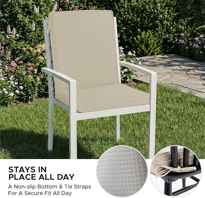 Outdoor Chair Cushions, Water-Resistant & Fade-Resistant, Patio Furniture Lawn Dining Chair Seat Replacement with Mid Back, Ties Zipper, Removable Cover, 18 x 16.5 Inch, Set of 2, Beige