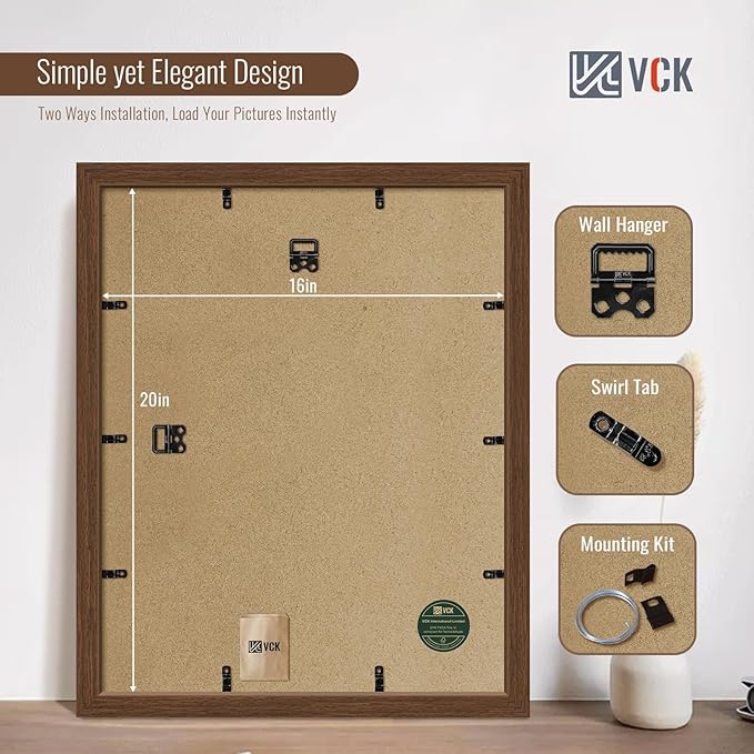 VCK 16x20 Picture Frame Set of 4 - Brown, Gallery-Quality Wood Poster Frames, 1.1-Inch Wide Border, Polished Plexiglass, Vertical or Horizontal Wall Display for Photo/Art/Prints, Brown