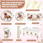 452 Pcs Horse Birthday Decorations for 50 Guests, Pink Floral Cowgirl Paper Plates Napkins Cups Tablecloth Cutlery Straws for Horse Themed Western Wedding Baby Shower Party Supplies