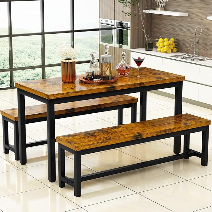 AWQM 43.3" Dining Table Set for 4, Kitchen Dining Table with 2 Benches, Dining Room Table Set with Metal Frame & Thickened Board for Kitchen, Restaurant, Rustic Brown