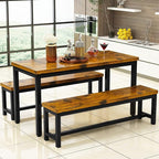 AWQM 43.3" Dining Table Set for 4, Kitchen Dining Table with 2 Benches, Dining Room Table Set with Metal Frame & Thickened Board for Kitchen, Restaurant, Rustic Brown