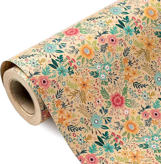 WRAPAHOLIC 30 Inch Jumbo Kraft Floral Wrapping Paper Roll - 30 Inch x 33 Feet - Spring Summer Garden Flower Design Perfect for Wedding, Bridal Shower, Birthday
