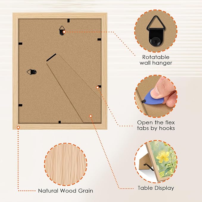FIXSMITH 8x10 Picture Frame Bulk-6 Pack, Photo Frame with HD Plexiglass, Display Pictures 5x7 with Mat or 8x10 Without Mat, Natural Picture Frames Collage Wall Decor, Wall & Tabletop Picture Frames