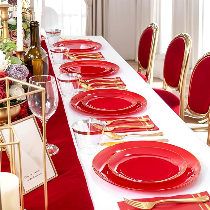 NOCCUR 350PCS Red Plastic Plates - Disposable Red Gold Dinnerware Set for 50 Guests, 100 Dinner/Dessert Plates, 150 Gold Silverware, 50 Cups&50 Napkins for Party/Wedding/Birthday/Christmas