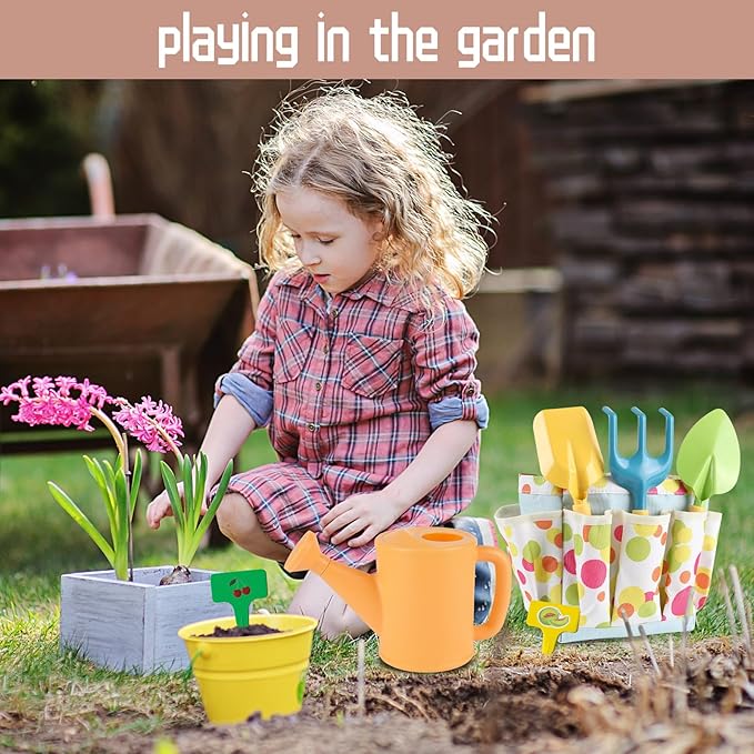 Kids Gardening Set, Kids Gardening Tools with Watering Can, Shovel, Rake, Gloves, Waterproof Apron and Storage Bag, Children Garden Tool for Boys Girls Age 3 4 5 6 7 8