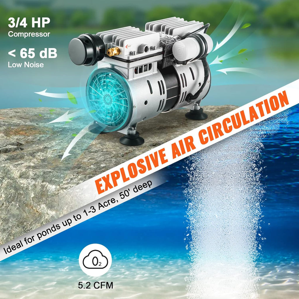 VEVOR Pond Aerator, 550W Power, 5.2CFM for Up to 3 Acre 50' Lake, Includes 3/4 HP Compressor & Timer & Valves, Air Compressor for Deep Water Oxygen Circulation, for Outdoor Ponds or Lakes