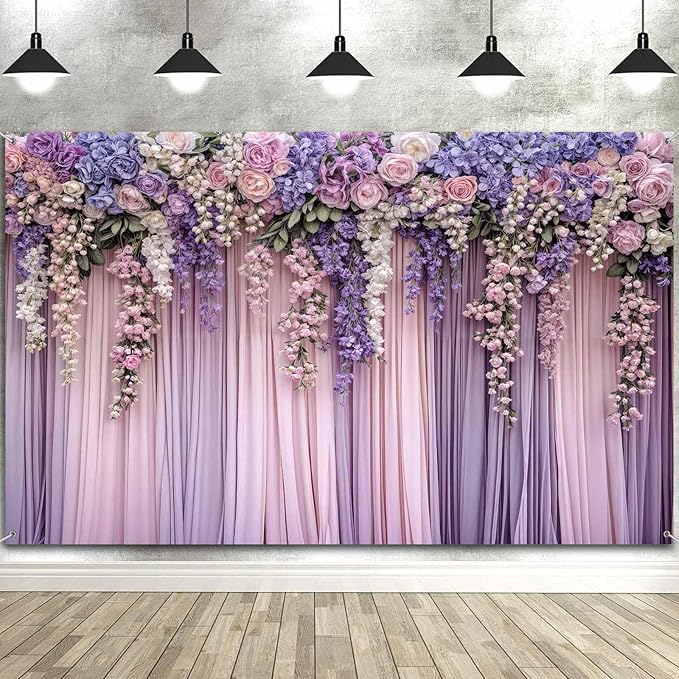 8x6ft Purple Flower Wedding Photography Backdrop Lavender Floral Wedding Bridal Photography Backdrop Anniversary Birthday Baby Shower Girl Party Banner Photo Booth Props Background Wall Decor