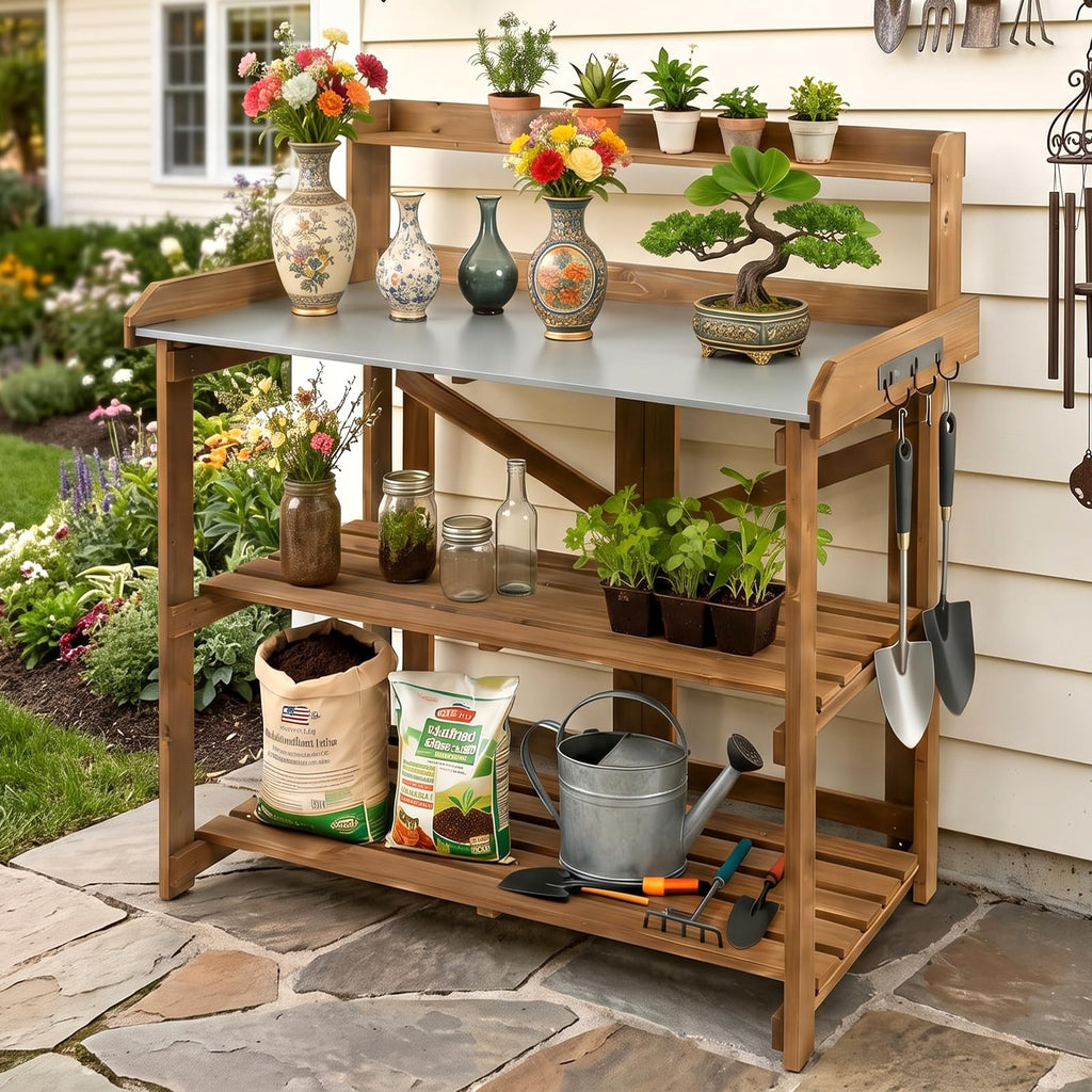 Outdoor Potting Bench Table, Indoor Wooden Work Station with Metal Table Top, Metal Hooks, Large Shelves, Heavy-Duty Gardening Workbench for Garden, Backyard, Patio, BBQ Prep Station, Easy Assembly