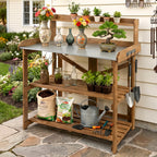 Outdoor Potting Bench Table, Indoor Wooden Work Station with Metal Table Top, Metal Hooks, Large Shelves, Heavy-Duty Gardening Workbench for Garden, Backyard, Patio, BBQ Prep Station, Easy Assembly