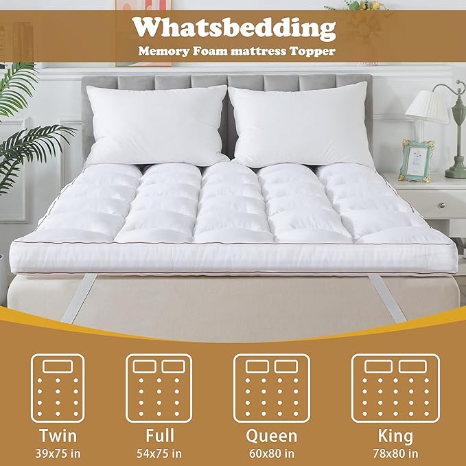WhatsBedding 3 Inch Memory Foam Mattress Topper Twin Size for Back Pain, 1700GSM Fluffy Shredded Memory Foam Filled Pillow Top, Extra Soft Bed Topper, Thicked Down Alternative-Lined, 39x75in