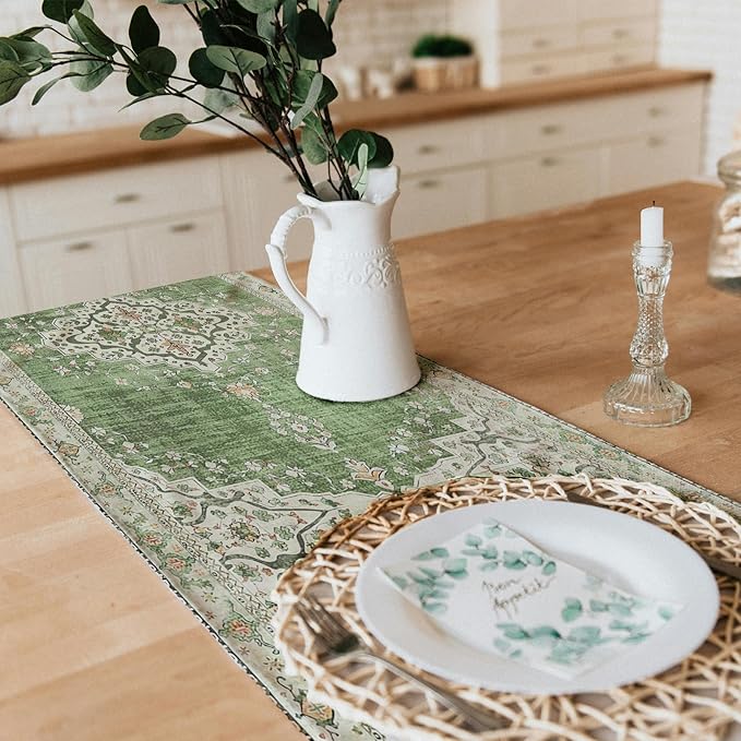 Snycler Table Runner Boho Table Runners Vintage Elegant Farmhouse Table Center Linen Decor for Home Dining Party Entrance (13x72 Inch) Light Green