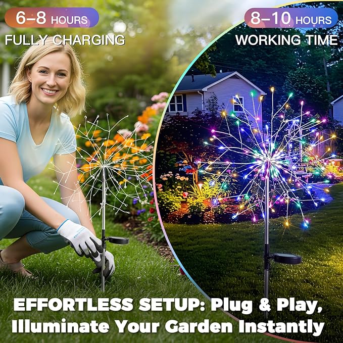 suddus Solar Garden Lights Outdoor Waterproof, Upgrade 2 Pack 150LED Solar Firework Lights, 8 Modes Starburst Fairy Light for Front Yard, Driveway, Bushes, Patio Christmas Decor (Multicolor)