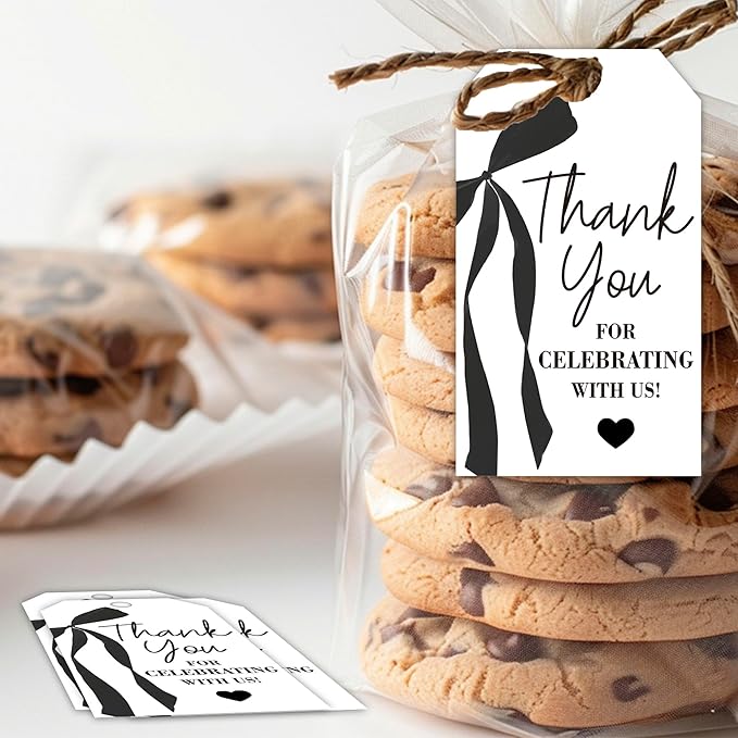 Thank You Gift Tags with String, 2x3.5 Inch Thank You for Celebrating with Us Tag, Black Bow Print, Gift Label for Birthday Party Baby Bridal Shower Wedding Favor-A15