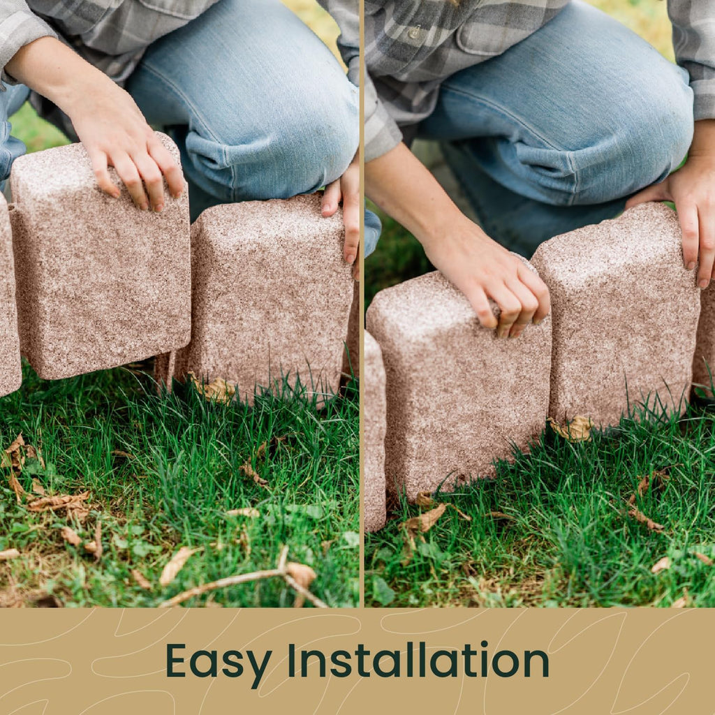 Beuta Landscape Edging | Garden Edging Border | Faux Stone Block XL for Lawn Edging, Flower Beds & Yard Edging – 4 Pack | Each Section Has 6 Blocks 48" L x 4" W x 9.5" H | 12 Spikes | Sandstone