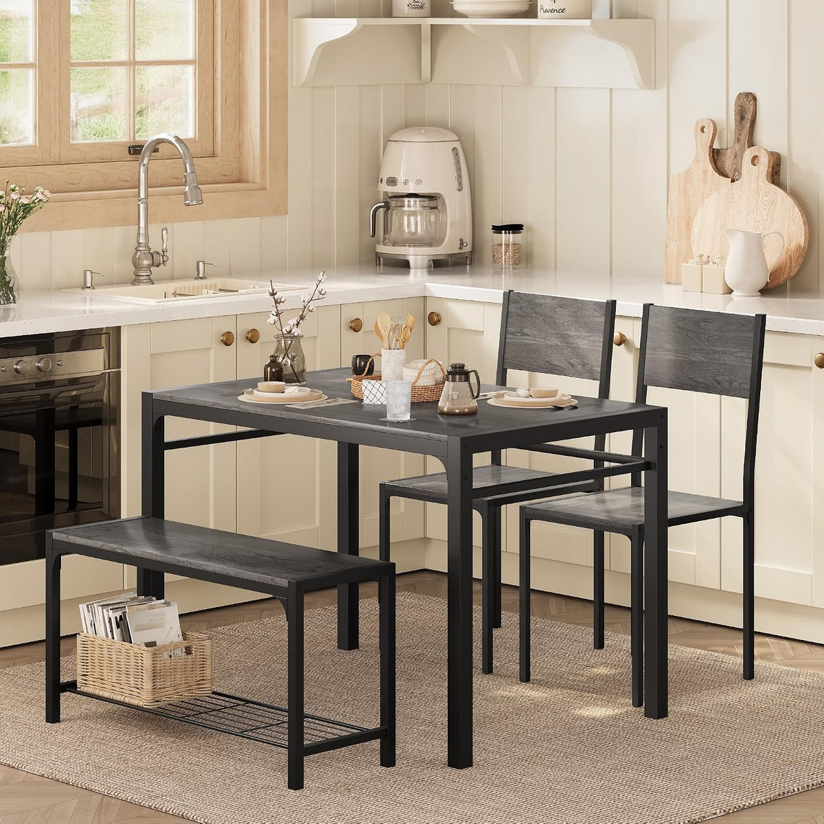 Shahoo Kitchen Table and 2 Chairs for 4 with Bench | 4 Piece Dining Sets for Small Space, Dark Grey