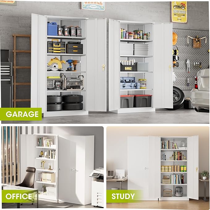 Greenvelly Metal Garage Storage Cabinet with Doors and Adjustable Shelves,72" Steel Lockable File Cabinet for Home Office,Garage,School(White,36" W x 18" D)