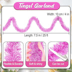 25 Feet Macaron Pink Christmas Tinsel Garland, Metallic Foil Twist Banner Wall Hanging Tinsel Streamers Backdrop for Parade Floats, Christmas, Mother's Day, Birthday Party Decorations(4in x 25ft)