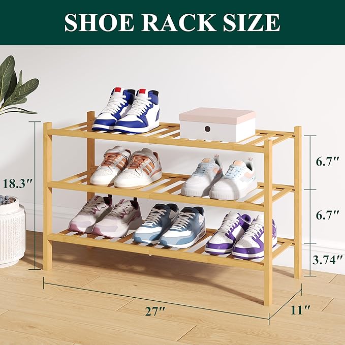 Smiry Bamboo Shoe Rack for Closet, 3 Tier Wooden Stackable Shoe Organizer, Free Standing Shoes Storage Shelf for Entryway, Front Door Entrance, Natural