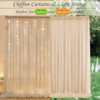 10ft x 7ft Champagne Chiffon Backdrop Curtain with Lights String for Parites Wedding Wrinkle Free Curtain Photo Backdrops Drapes for Baby Shower Birthday Party Home Decorations