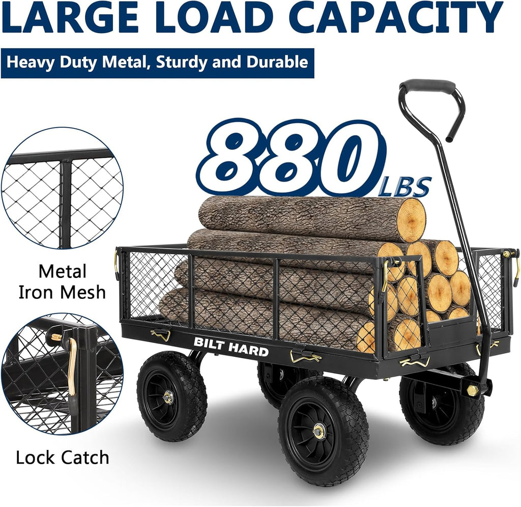 BILT HARD 10" Flat Free Tires Heavy Duty Garden Cart with 180° Rotating Handle and Removable Sides, 4 Cu.Ft 880 lbs Capacity Utility Steel Wagons for Outdoor, Yard