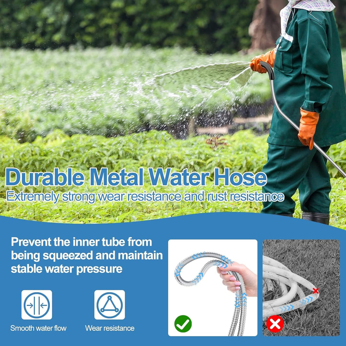 SPECILITE 50 ft 304 Stainless Steel Garden Hose Metal Heavy Duty Water Hose, Flexible Water Hose Pipe with 3/4" Solid Brass Connectors, No-Expandable Garden Hoses with Rubber Grip for Yard, Outdoor