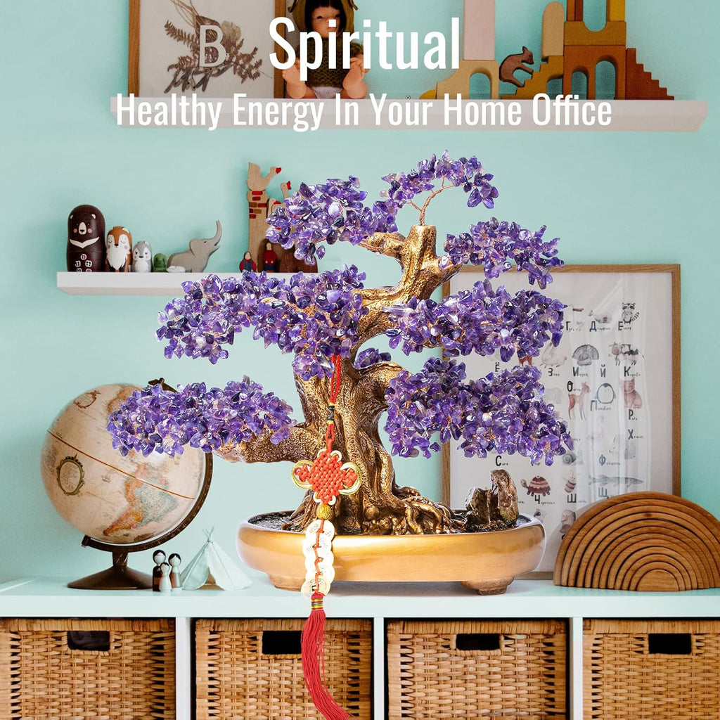 Natural Amethyst Gemstone Crystal Bonsai Tree of Life Large Feng Shui Money Chakra Tree for Luck and Wealth Desk Decoration(1,251 Gem Count)