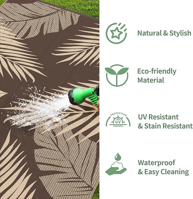 GENIMO Outdoor Rug 3' x 5' Waterproof for Patios Clearance, Reversible Outdoor Plastic Straw Camping Rug Carpet, Large Area Rugs Mats for RV, Camper, Deck, Balcony, Porch, Beach, Coffee&Beige